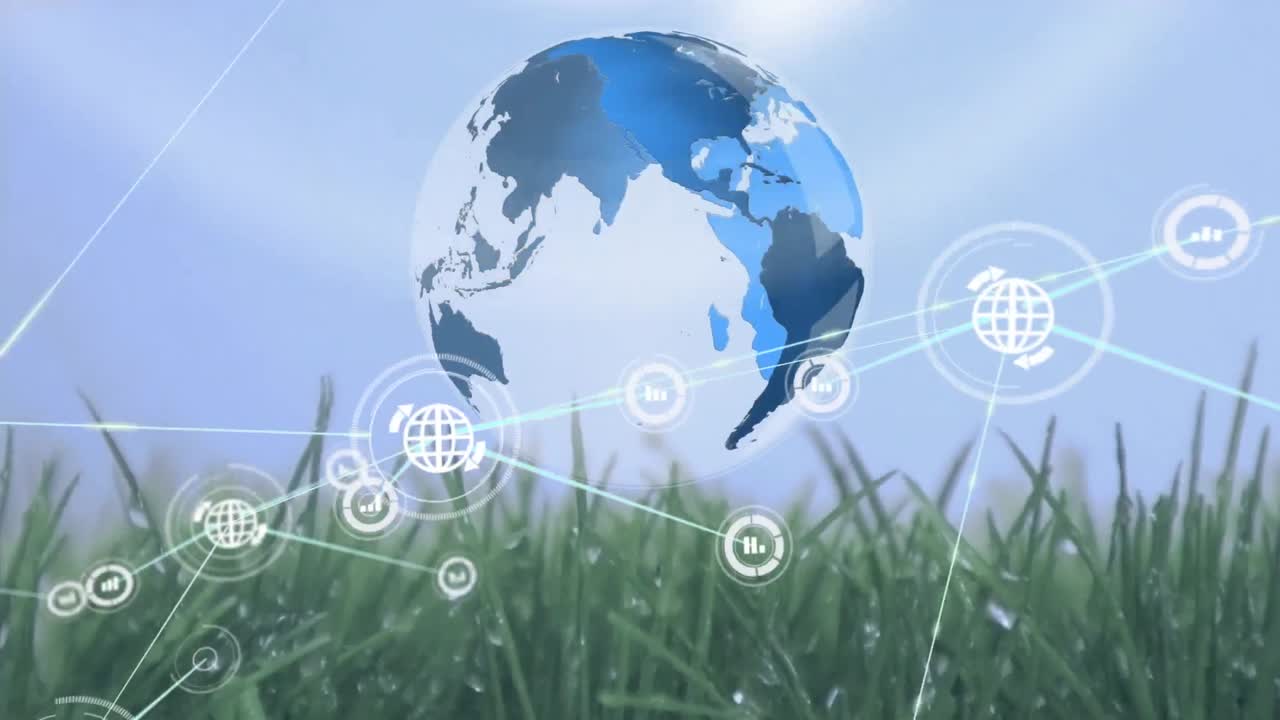 하늘을 배경으로 잔디의 클로즈업 위에 선과 지구와 연결된 아이콘의 애니메이션