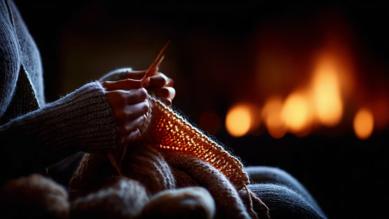 Cozy Evening of Knitting by the Fireside, Capturing the Warmth and Skill of Handcrafted Yarn Artistry in a Serene Environment of Comfort and Relaxation