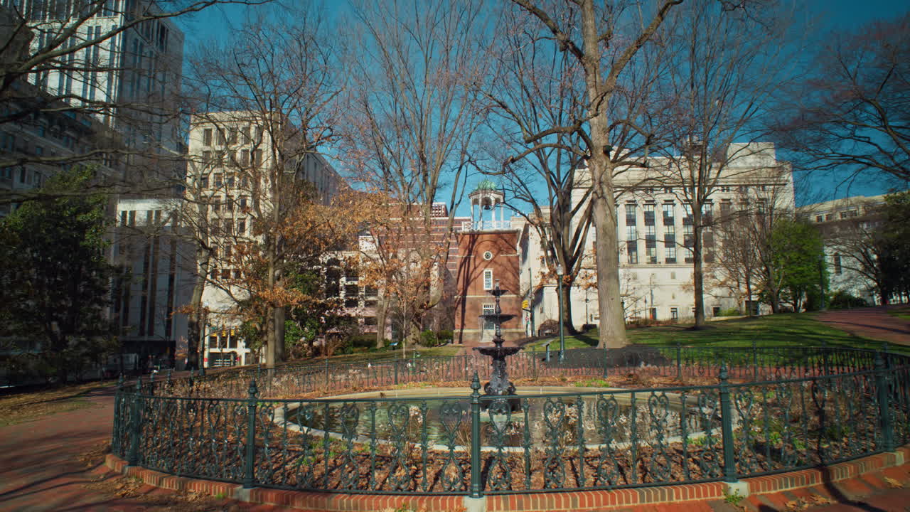 Gimbal Shot of a fountain outside of the State Capitol in Richmond, Virginia