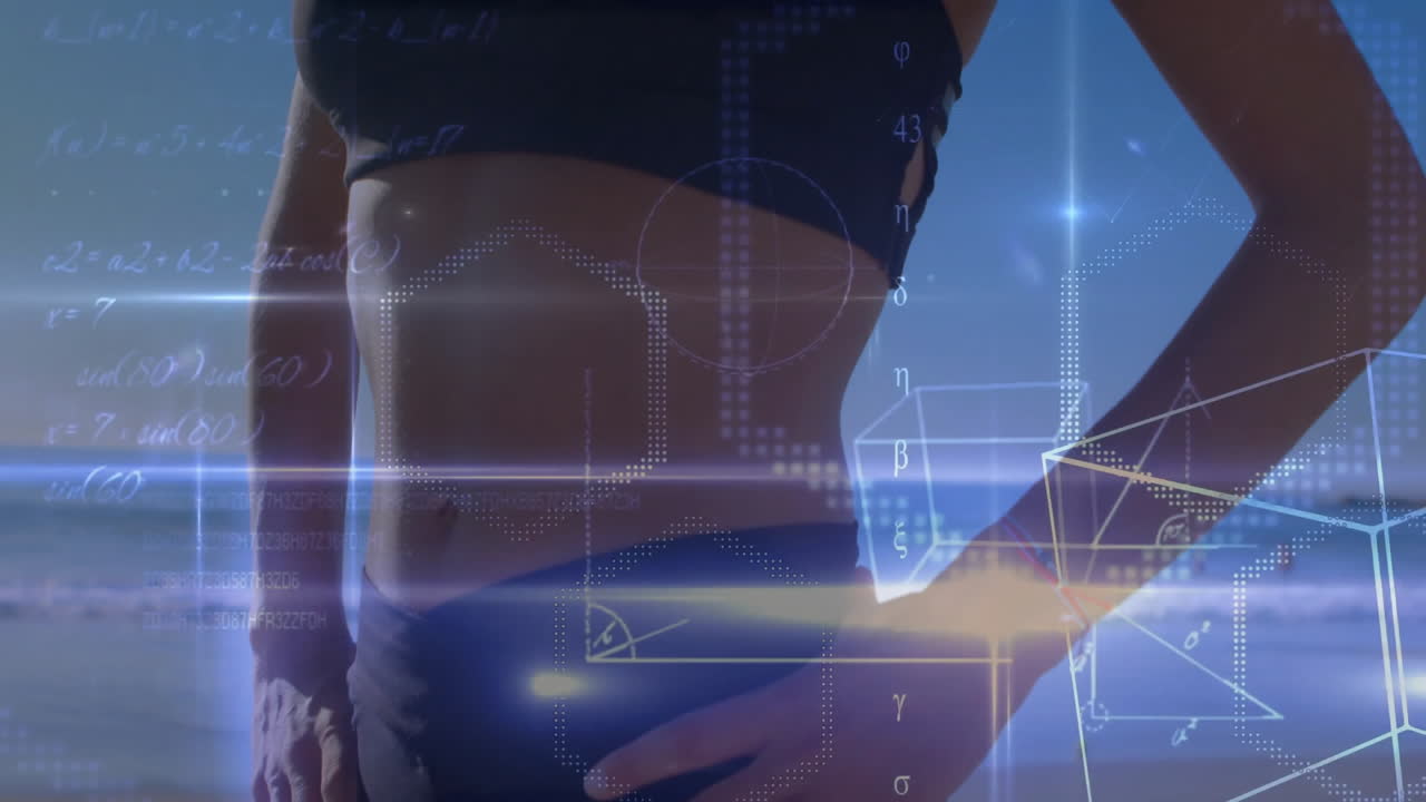 Athletic person on beach with geometric shapes and equations overlay animation