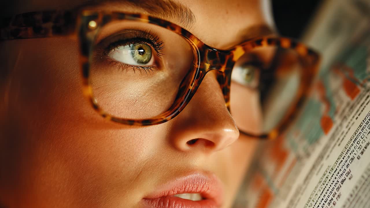 Concentrazione intensa: un primo piano che ritrae una giovane donna persa nei suoi pensieri con gli occhiali, assorta nella lettura, che mette in risalto i suoi tratti espressivi