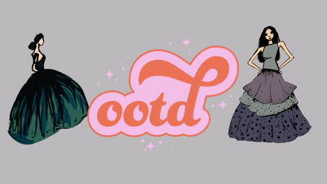 animation of ootd text over female models in dresses on grey background