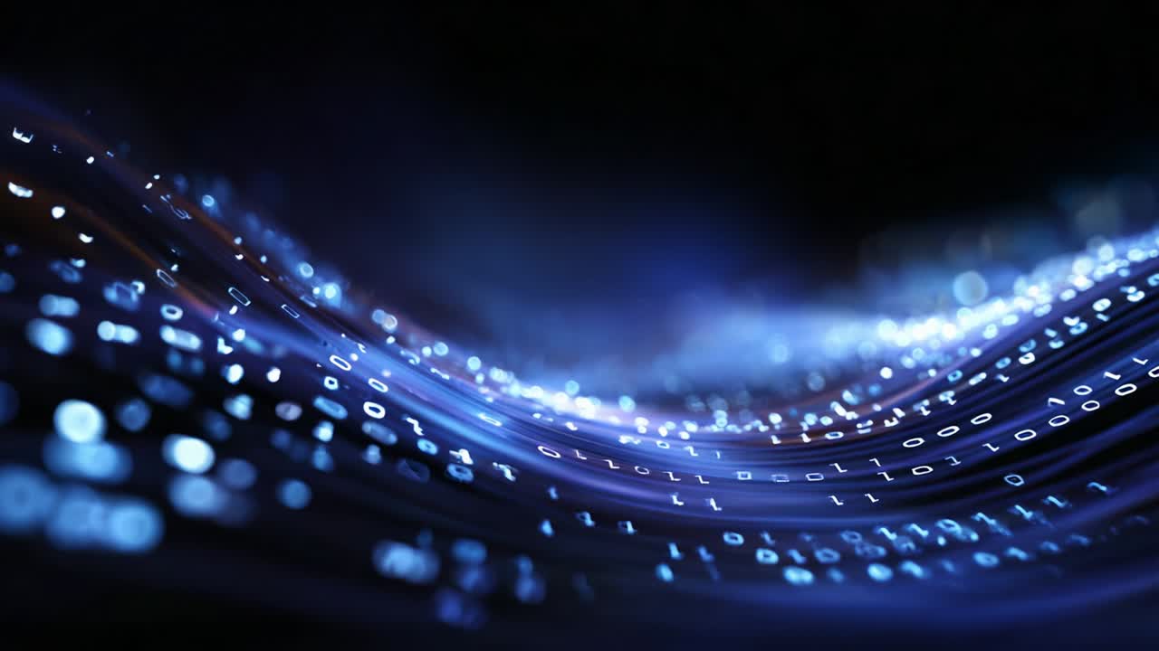 Mesmerizing Flow of Digital Information: An Abstract Exploration of Light and Data Waves Capturing the Essence of Technology through Binary Code and Ethereal Waves in a Stunning Visual Presentation