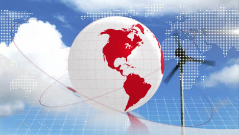 animation of globe and world map data processing over wind turbine