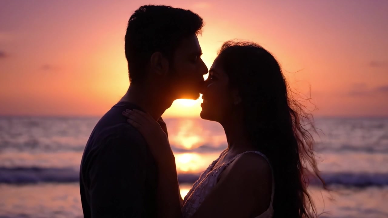 A couple shares a tender moment against the backdrop of a stunning sunset on the beach, capturing the essence of love and romance in serene surroundings.