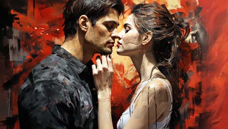 intimate moment between a couple against a vibrant red background