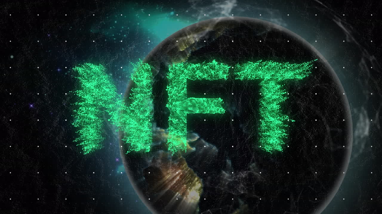 Animazione di scritta al neon NFT su globo su sfondo nero