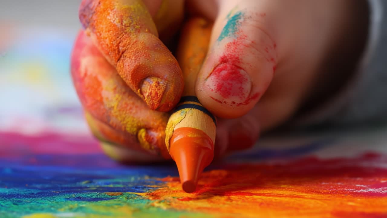 A Child's Creative Journey: Vivid Colors and Artistic Exploration Captured in Two Frames of Joyful Coloring with Crayons and Vibrant Paints