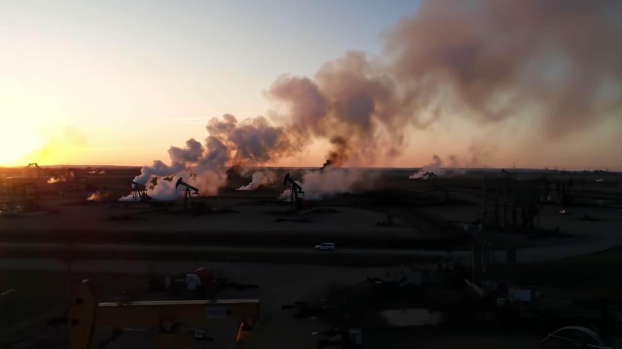 Stunning Sunset Over Oil Fields with Pumpjacks and Emissions Capturing the Transformative Power of Energy Production and Environmental Impact