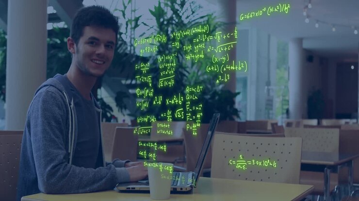 Animation of data processing over caucasian male student