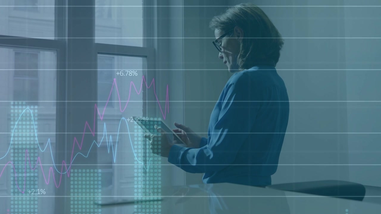 Senior female analyst tapping tablet and growing finance graphs with percentages, confirming data
