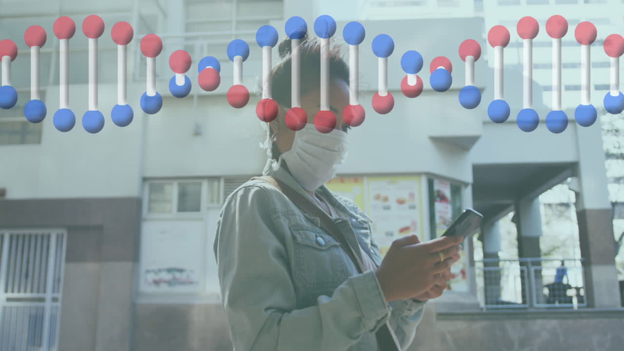 스마트 폰을 사용하는 사업가 여성에 대한 dna 가닥의 애니메이션