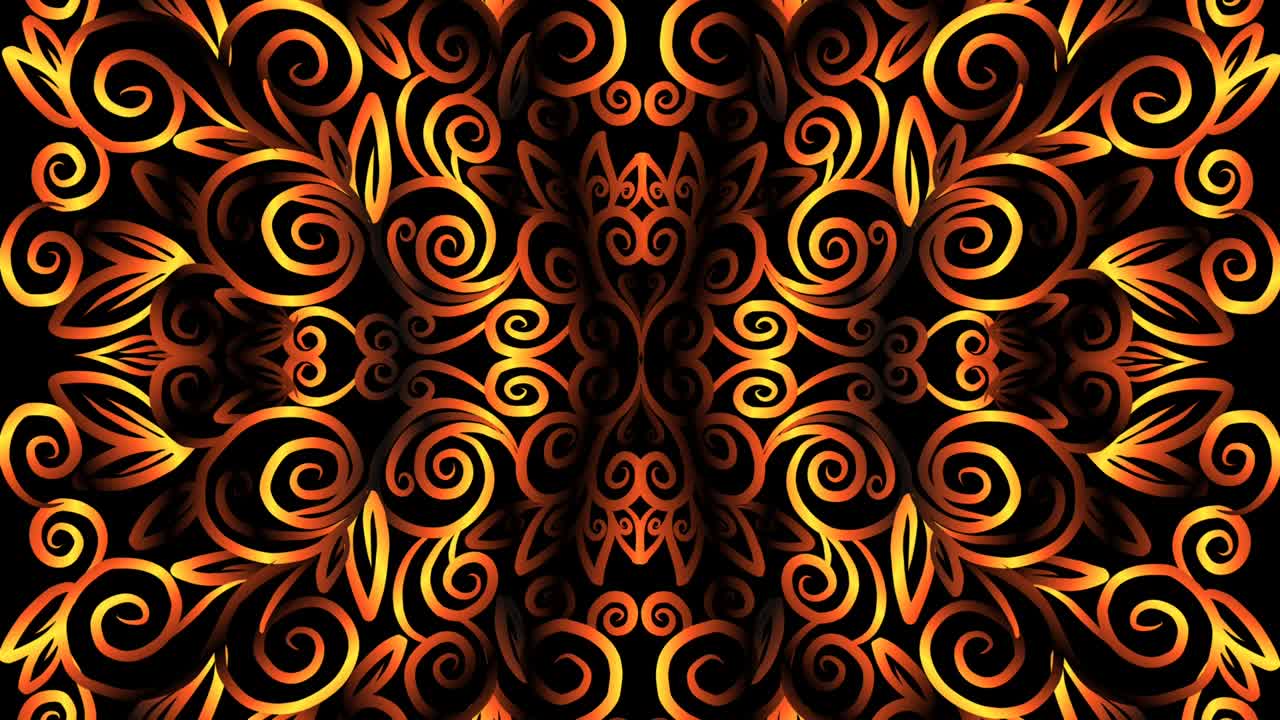 Patrón artístico floral con gradiente de caleidoscopio, circular sin costuras, color dorado lujoso, con ornamento étnico dayak de batik tenun tradicional indonesio, para intros, aperturas, anuncios y comerciales