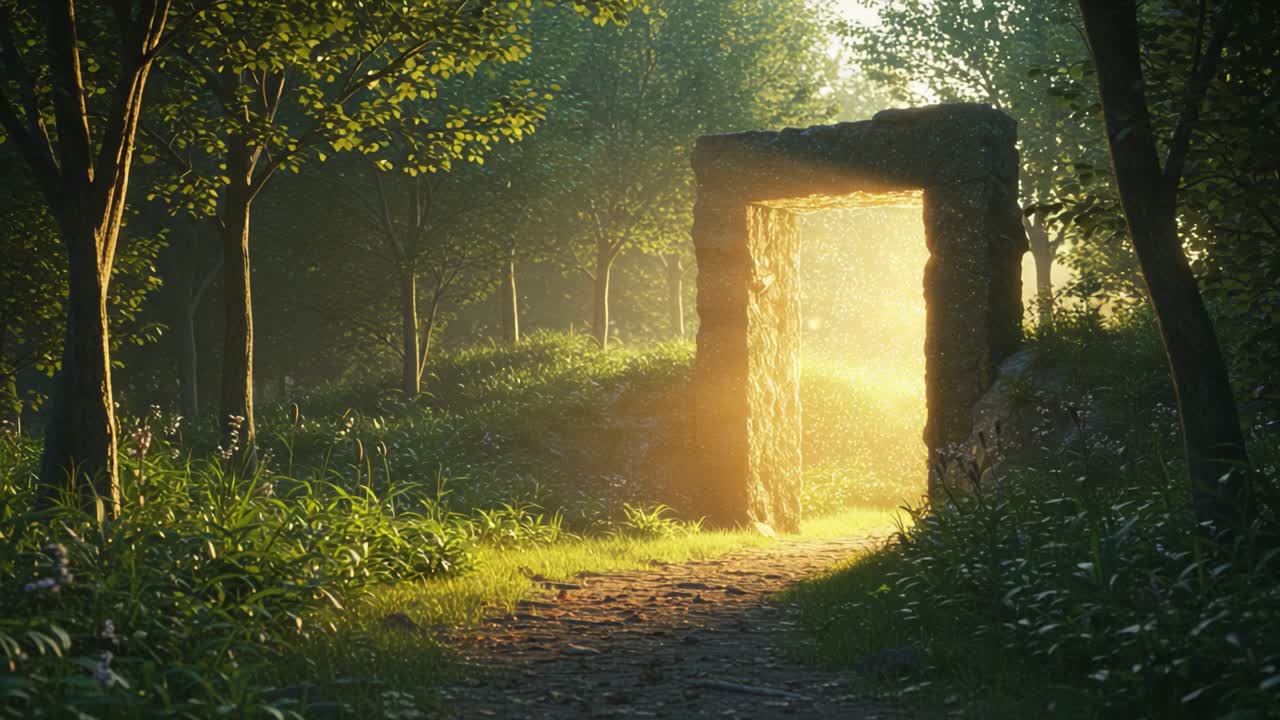 A Mystical Stone Archway Illuminated by Golden Sunlight in a Lush Forest Pathway, Inviting Exploration and Discovery in Nature’s Enchanted Realm
