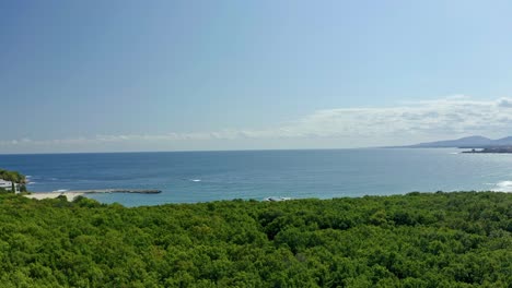 aerial view of green landscape with sandy beach and black sea during sunny day with blue sky, bulgaria