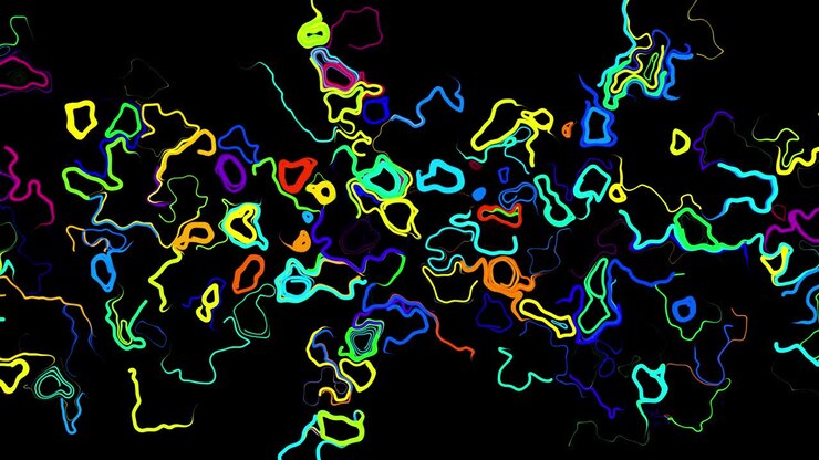 Abstract creative looped bg with curled lines like trails of different colors. Lines form swirling pattern like curle noise. Abstract 3d looping flowing animation as bright creative festive background