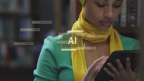 Animation-of-ai-text-and-data-over-biracial-female-student-in-hijab-with-tablet