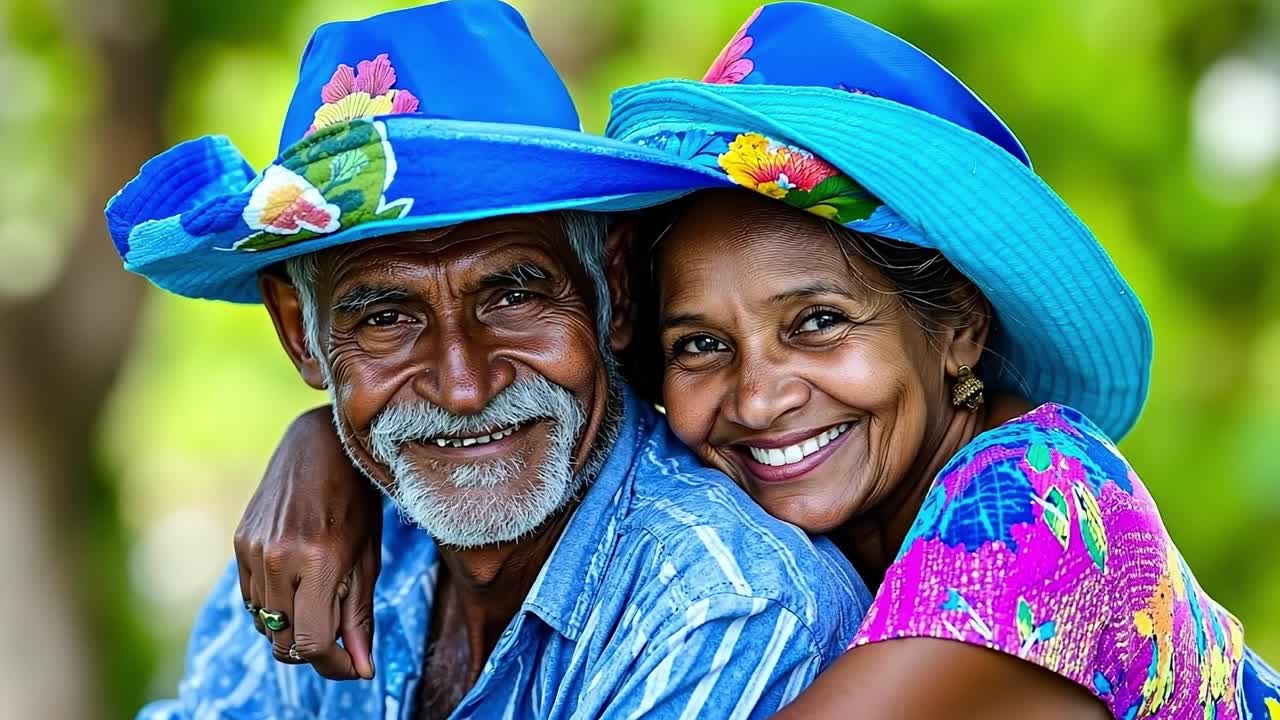 A man and a woman wearing blue hats smile at the camera
