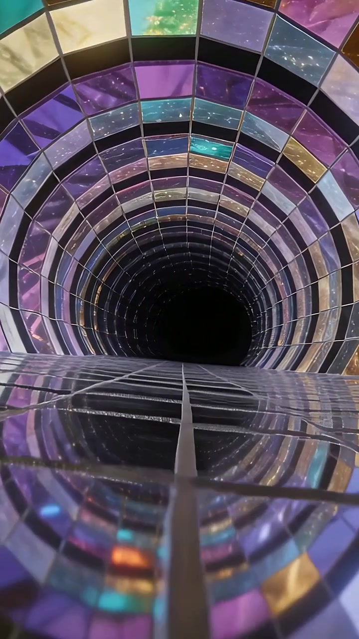 Video verticale: Telecamera che si inclina centrando un tunnel di specchi in una galleria, allineando una griglia verso il vuoto.