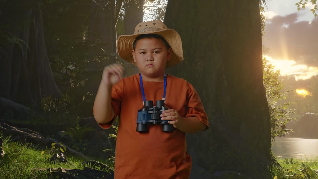 Asian Boy With A Hat Showing Thumbs Down Gesture After Looking Through The Binoculars. Boy Researcher Examines Something While Exploring Forest Nature, Travel Tourism Adventure Concept