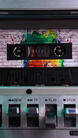 colorful graffiti cassette tape in retro tape deck