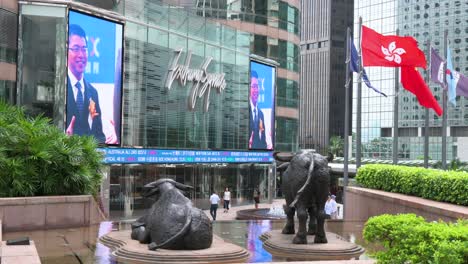 hong kong financial district: city views, stock market, and iconic bull statues
