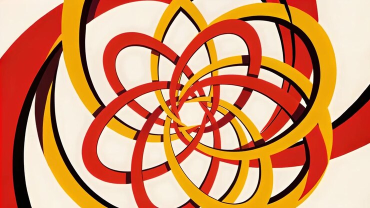 Animazione che inizia con bande rosse e gialle che si incastrano, ruotando su uno sfondo bianco sporco e formando una rosetta.