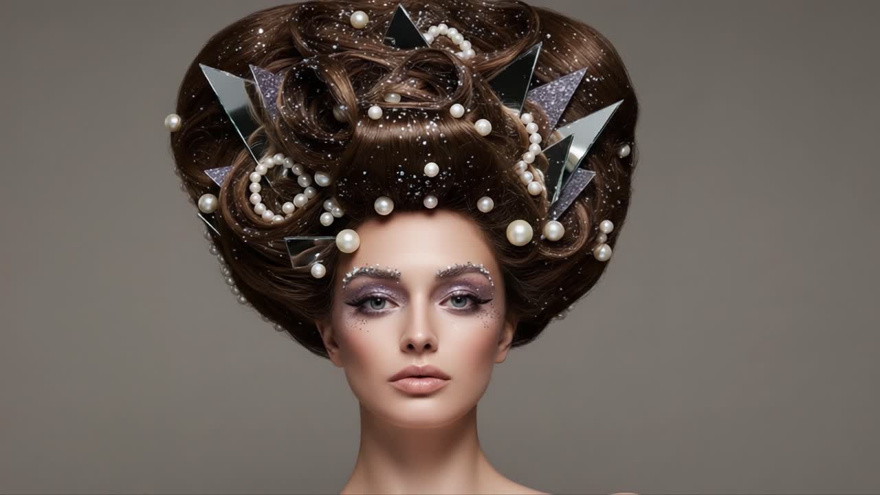 A Stunning High-Fashion Look Featuring an Elaborate Hairstyle Adorned with Pearls, Mirrors, and Glitter, Capturing Elegance and Glamour Perfectly in a Beautiful Model