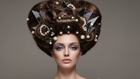 a stunning high-fashion look featuring an elaborate hairstyle adorned with pearls, mirrors, and glitter, capturing elegance and glamour perfectly in a beautiful model