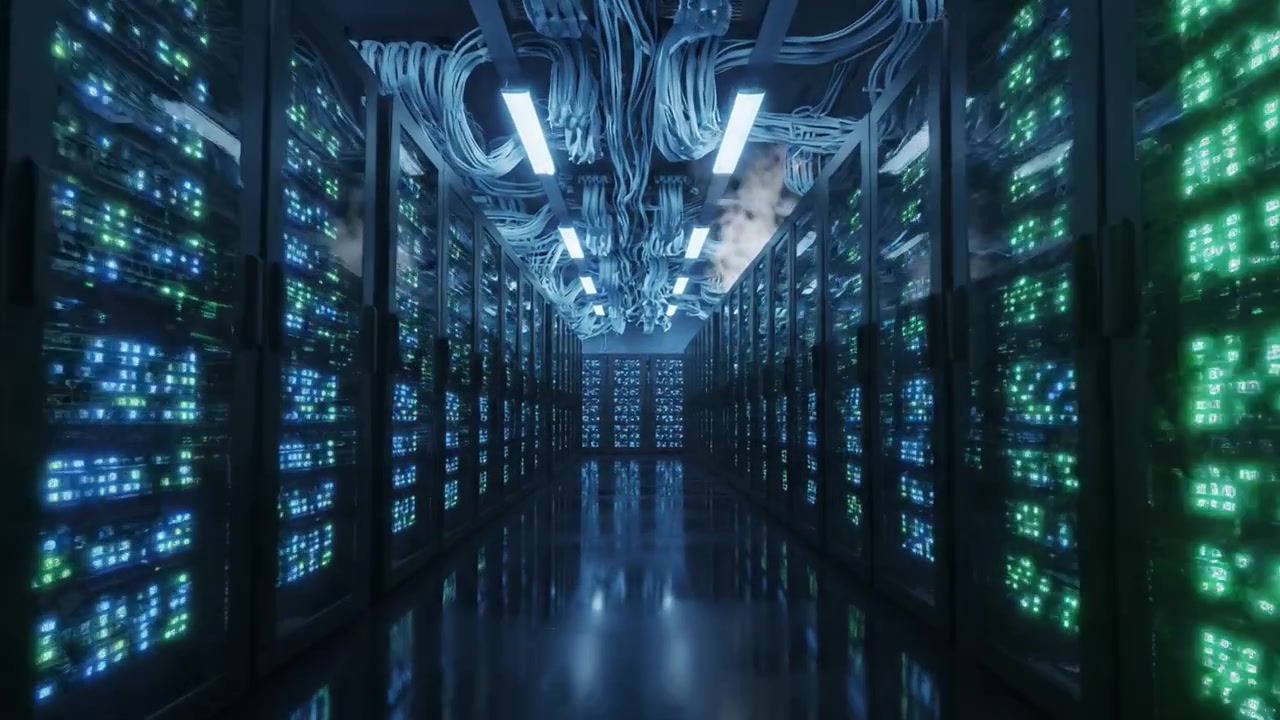 A Glimpse into the Futuristic Data Center: Rows of High-Tech Servers with Illuminating LEDs and Complex Wiring in a Sleek, High-Efficiency Environment