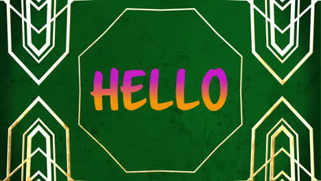 animación digital del texto de saludo contra un fondo de movimiento caleidoscópico verde