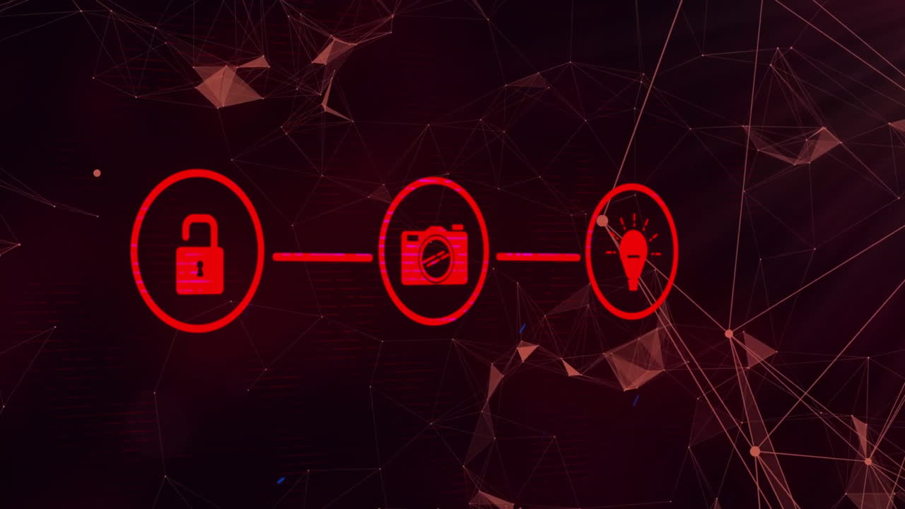 Animation of network with icons and connections over dark background