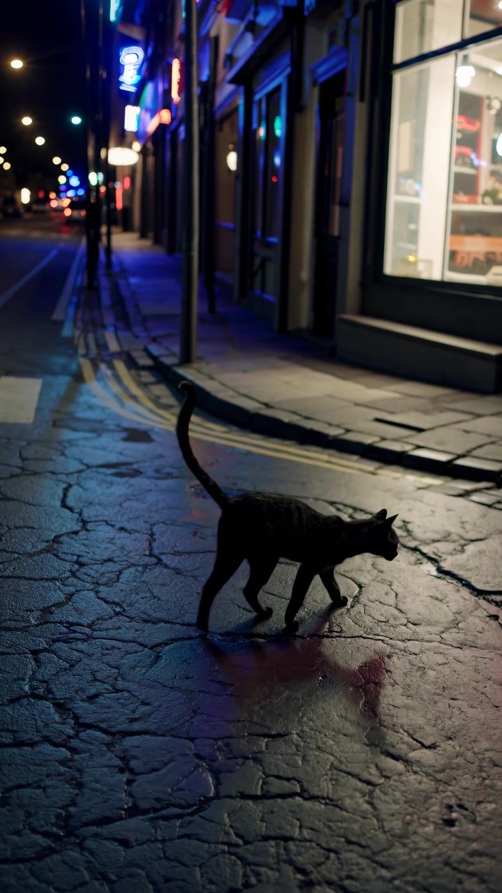 Gato preto caminhando em uma rua urbana molhada à noite com reflexos de néon