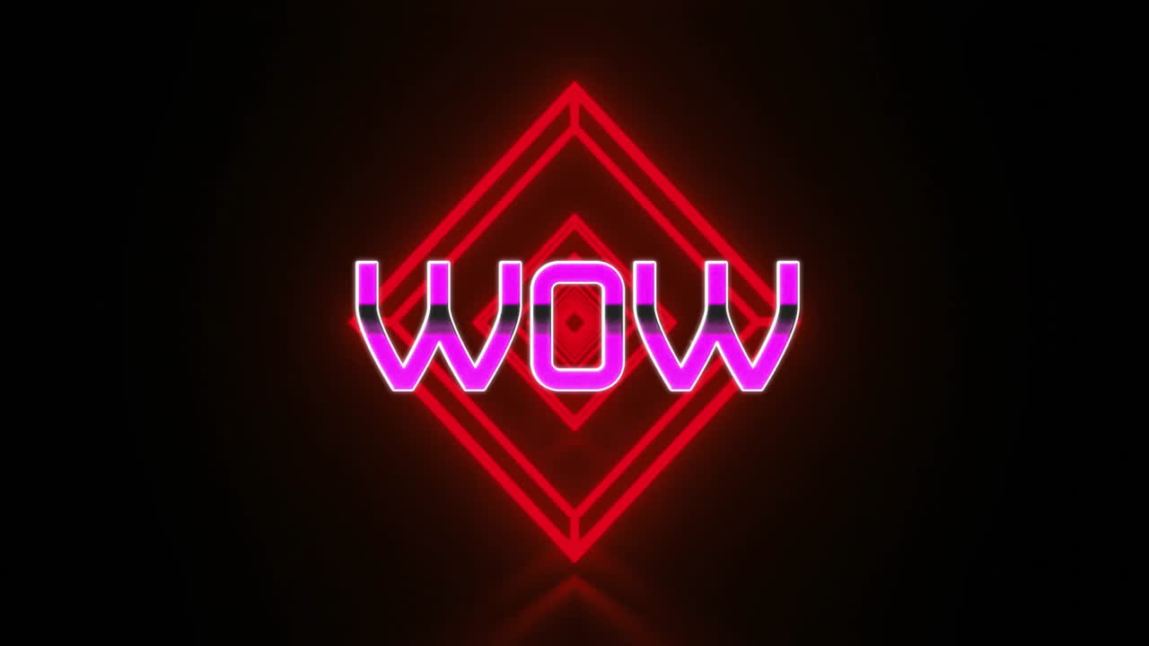 Glowing neon WOW text over dynamic red geometric shapes in animation design