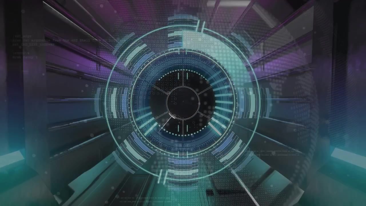 Animation of scope scanning and globe over neon tunnel