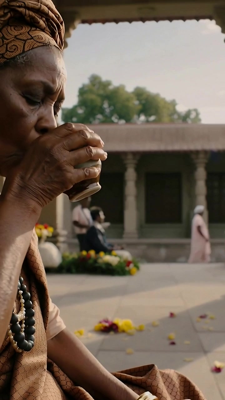 Vertical video: Lifting metal cup senior woman in wrap sipping by courtyard for ritual, copy space