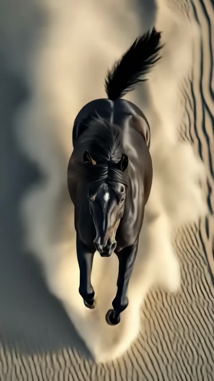 Vista aérea de un caballo negro galopando por la arena, creando una escena dinámica y potente.