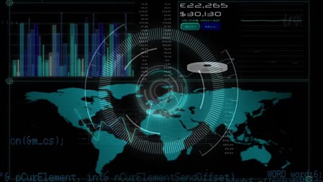 Animación-Del-Mapa-Mundial-Y-Procesamiento-De-Datos-Diversos-En-Pantalla-Digital