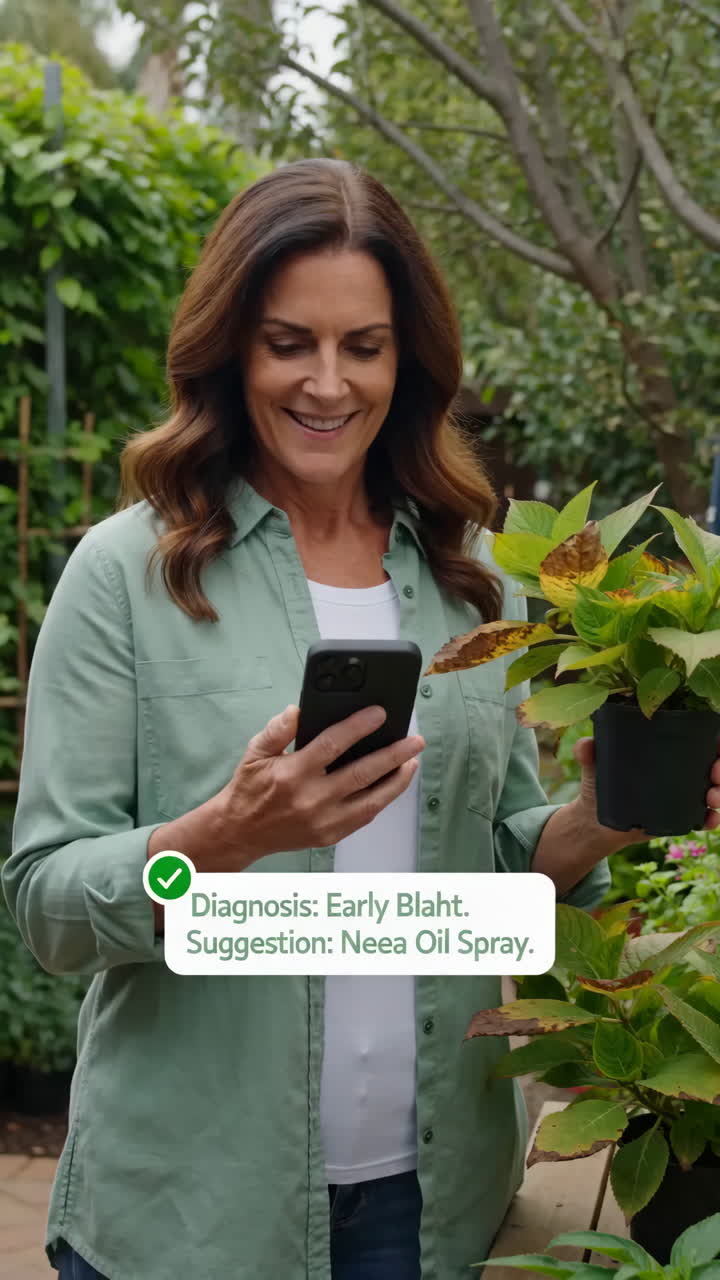 Donna giardiniera che scansiona una foglia di pianta con un'app del telefono per analizzare macchie marroni, tenendo una pianta in vaso