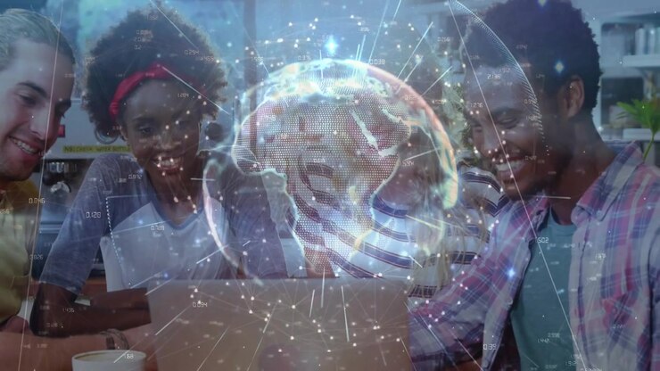 Colleagues leaning into laptop and causing shimmer revealing rotating 3D globe radiating tech data