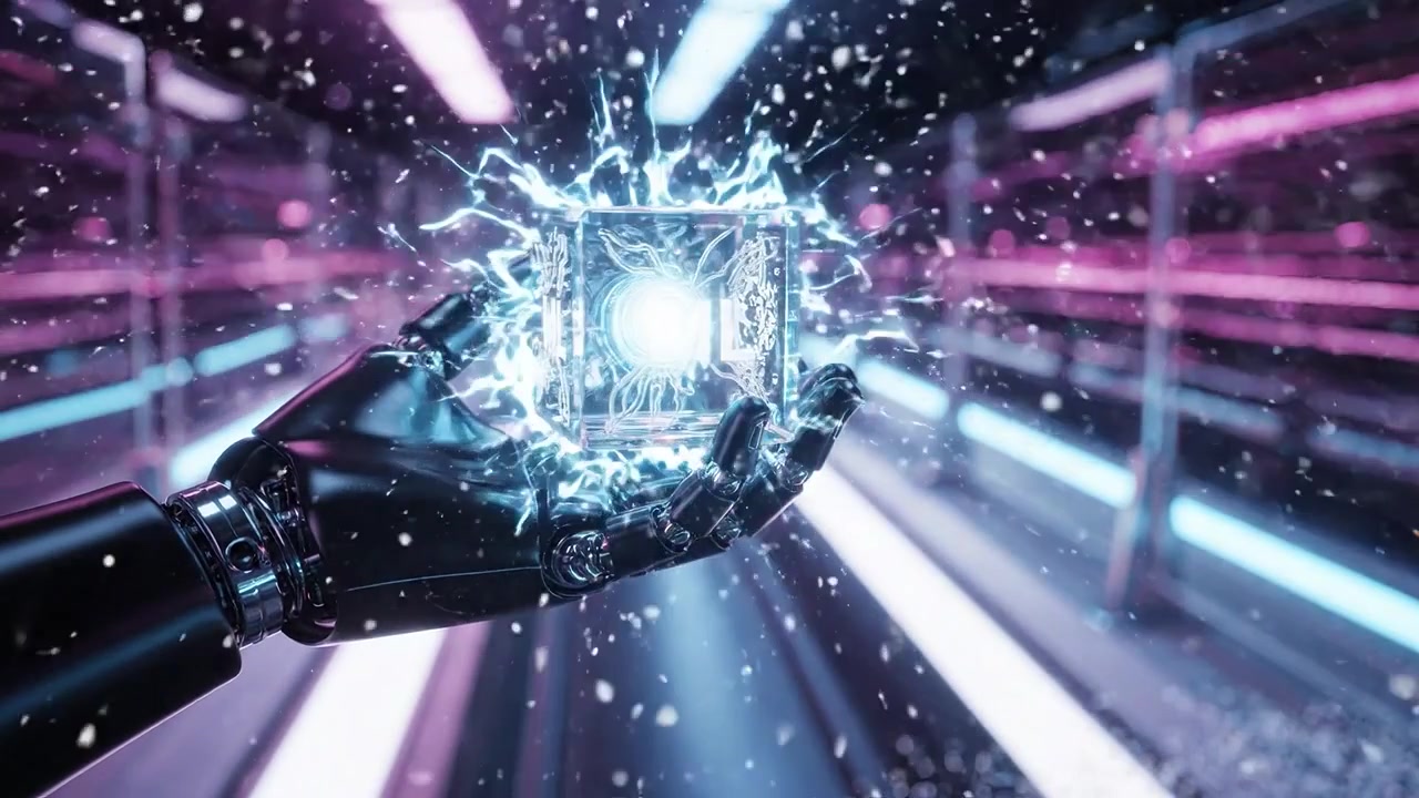Futuristic Robotic Hand Holding a Glowing ML Cube in a High-Tech Environment with Electric Sparks and Vibrant Light Effects Creating a Dynamic Visual Experience