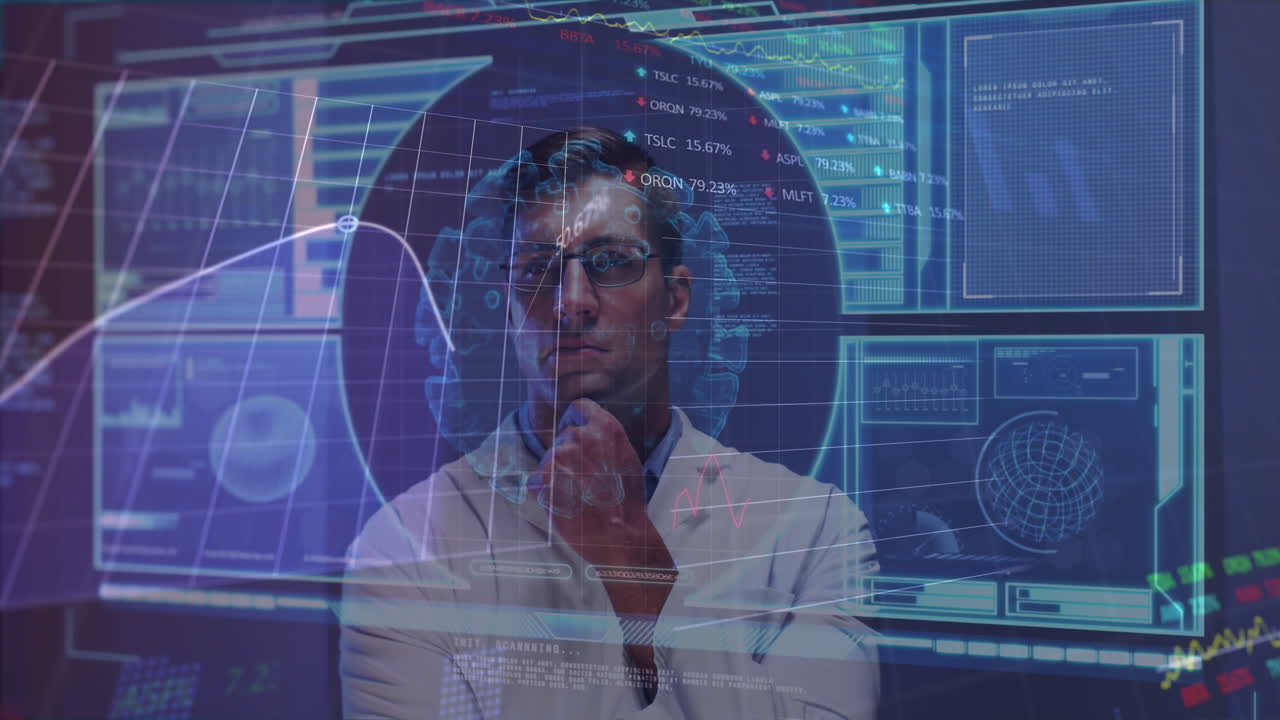 Stock market data processing against over screen with medical data processing against male doctor
