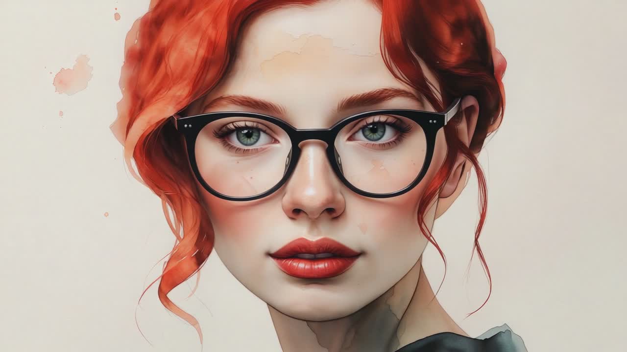 First frame introducing redheaded woman gazing on off-white background with black eyeglasses
