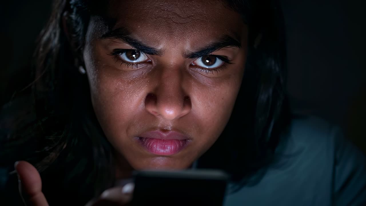 Reading Indian woman squinting and leaning toward smartphone screen glowing in dark room, teal top