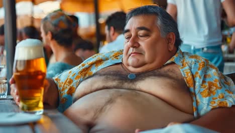 a fat man sitting at a table with a glass of beer