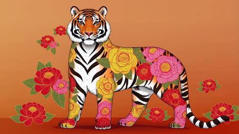 tiger with peonies illustration
