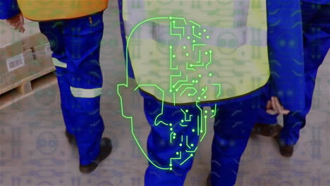 animation of digital face over diverse workers walking in warehouse