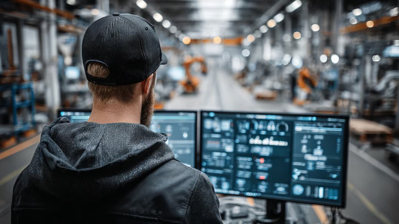 Expert Operator Analyzing Advanced Automation Systems in High-Tech Industrial Environment with Multiple Display Monitors in Focus