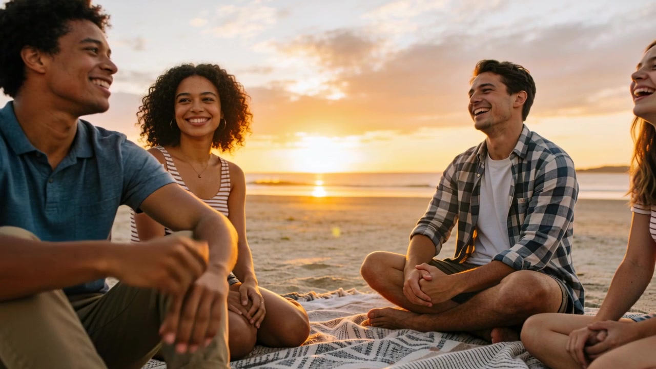 Talking left man sharing story on patterned throw on beach at sunset friends laughing in beachwear