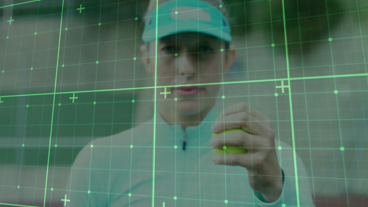 Female tennis player holding tennis ball on court, showcasing sports technology grid and plus icons